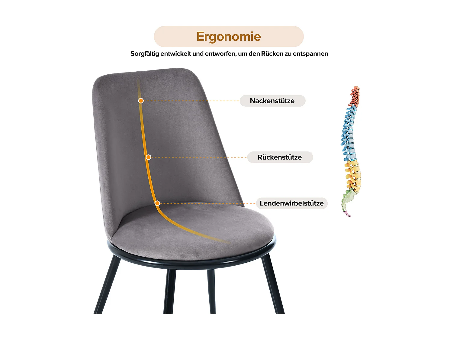 Lot de 2 Chaises de salle à manger -44×41×88 cm, en velours et métal,150 kg max, gris+noir