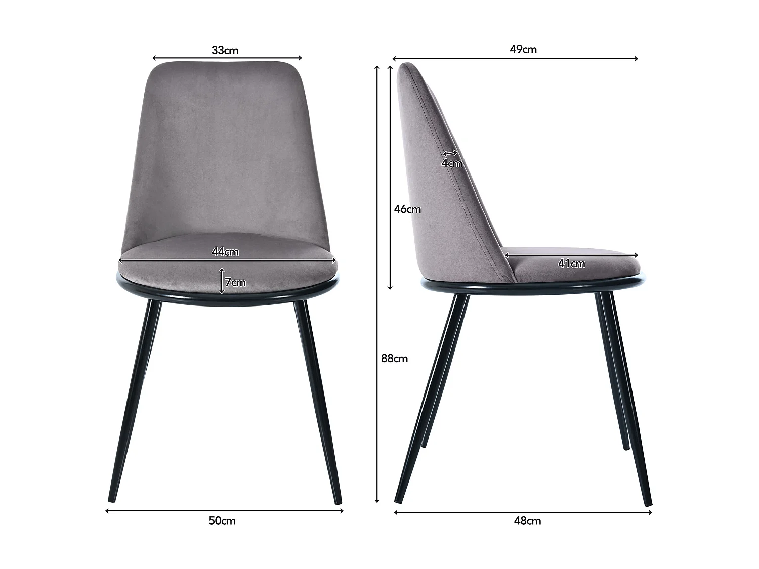 Komplet 2 krzeseł do jadalni - 44×41×88 cm, welur i metal, maks. 150 kg, szary + czarny