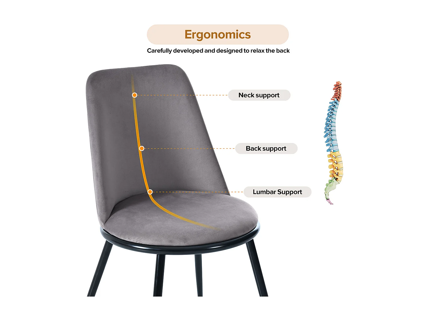 Komplet 2 krzeseł do jadalni - 44×41×88 cm, welur i metal, maks. 150 kg, szary + czarny