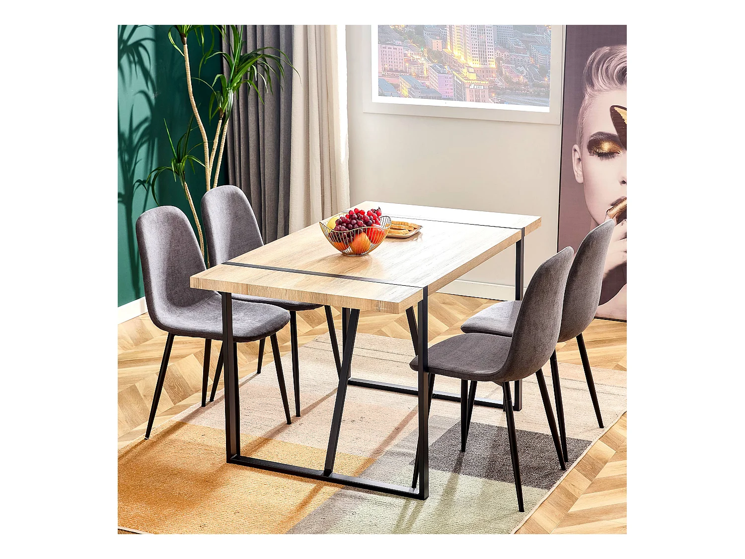 Set van 4 Scandinavische eetkamerstoelen - 45×43×87,5, suède zitting, zwarte en grijze stalen poten