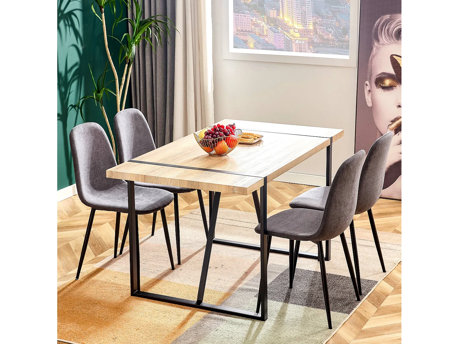 Lot de 4 Chaises de salle à manger scandinave-45×43×87.5, assise en daim, pieds en acier noir et gris