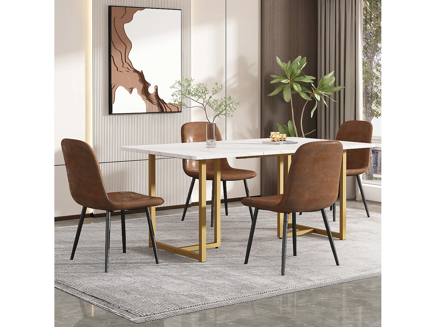 Table à manger 140 x 80 x 75 cm, table moderne en métal, pieds réglables de support en L. blanc/or.