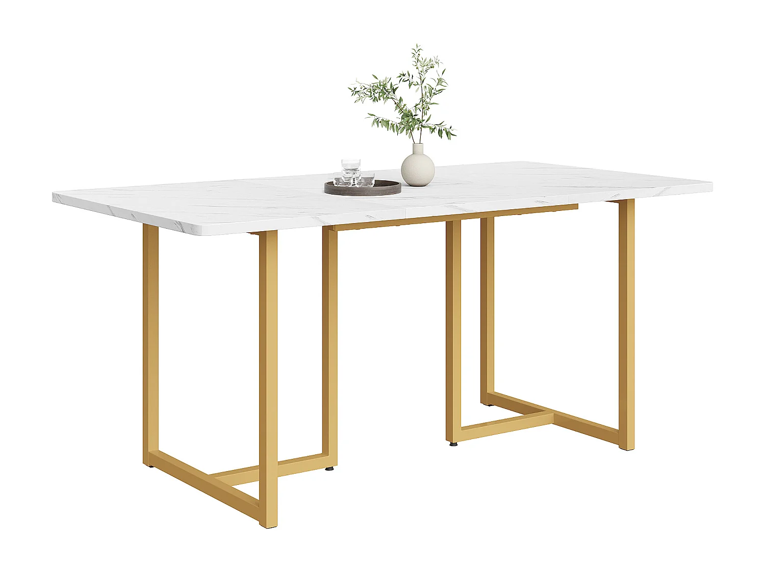 Table à manger 140 x 80 x 75 cm, table moderne en métal, pieds réglables de support en L. blanc/or.