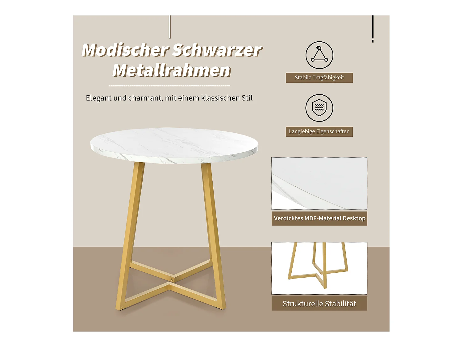 Table à manger-80 x 80 x 75 cm, table ronde en métal avec motif de marbre moderne, blanc/or
