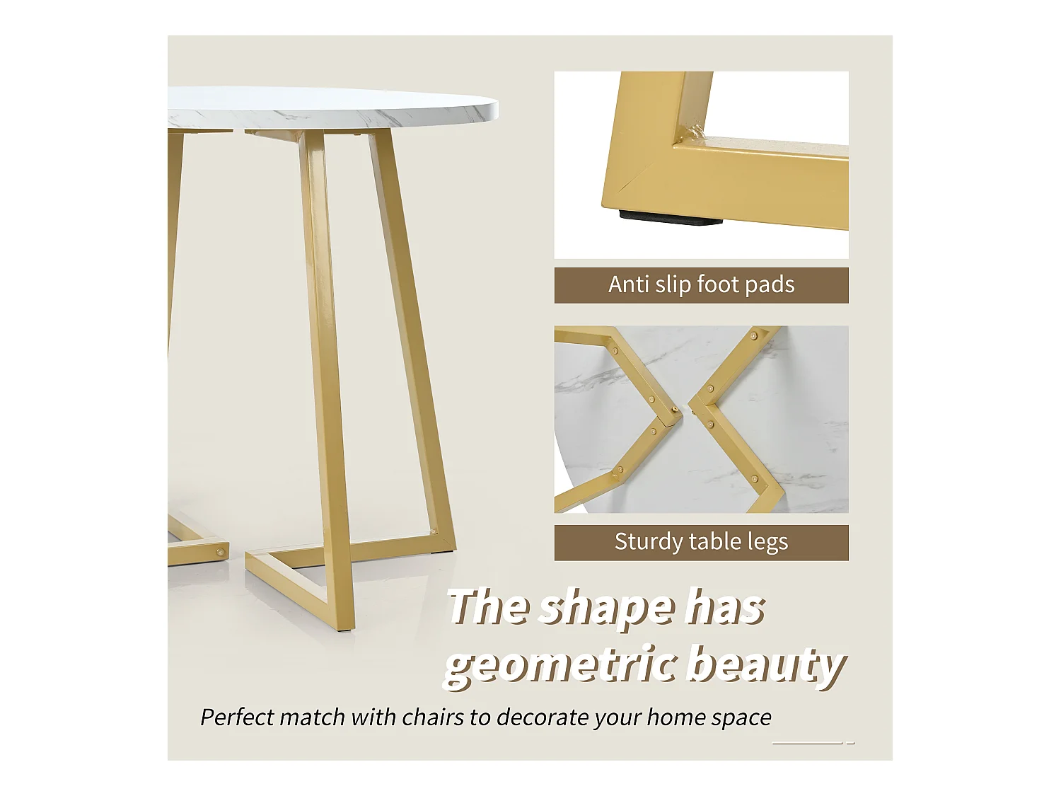 Table à manger-80 x 80 x 75 cm, table ronde en métal avec motif de marbre moderne, blanc/or