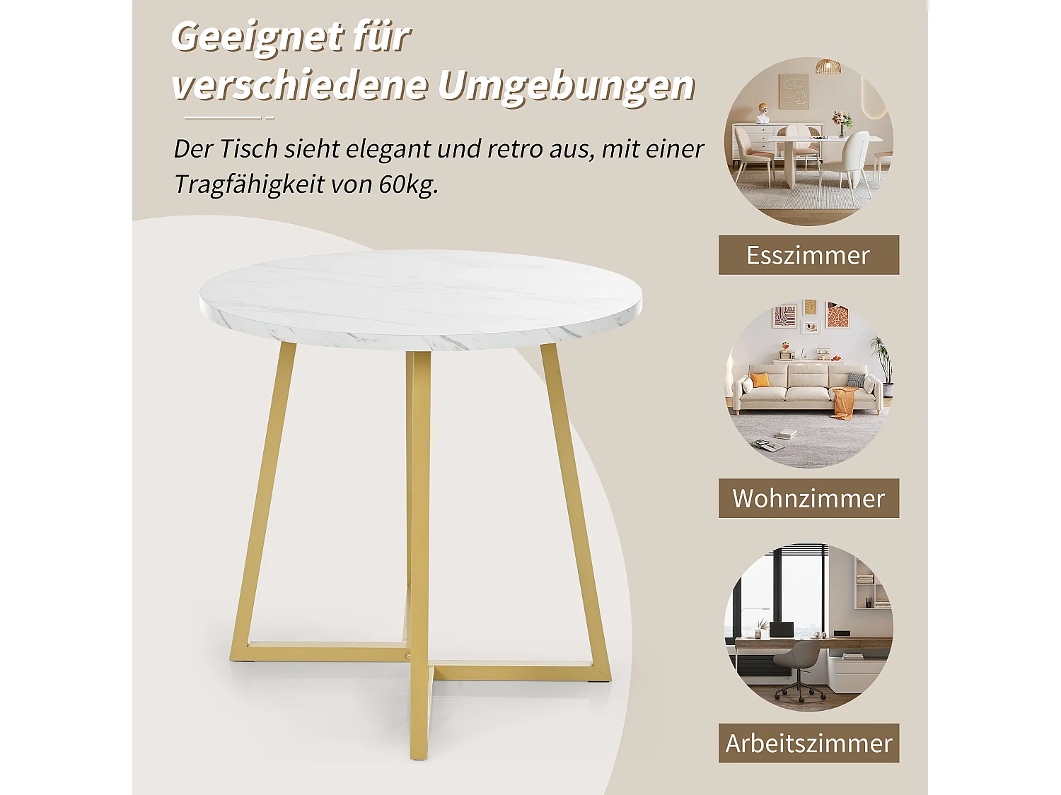 Table à manger-80 x 80 x 75 cm, table ronde en métal avec motif de marbre moderne, blanc/or