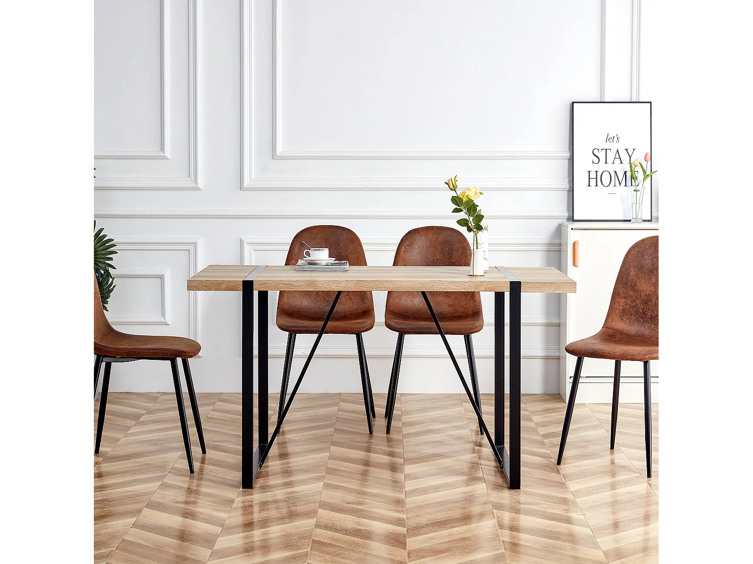 Table à manger-138×76×76 cm, moderne, pour 4-6 personnes, pieds en métal, Brun