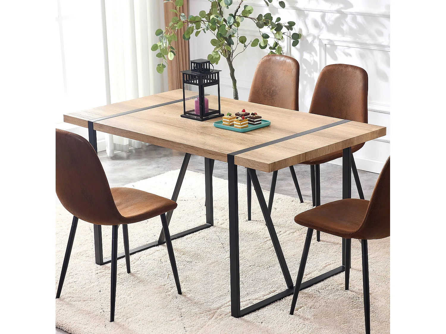 Table à manger-138×76×76 cm, moderne, pour 4-6 personnes, pieds en métal, Brun