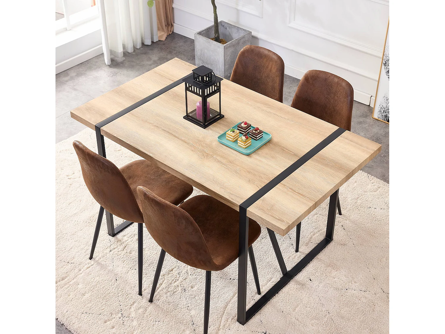 Table à manger-138×76×76 cm, moderne, pour 4-6 personnes, pieds en métal, Brun