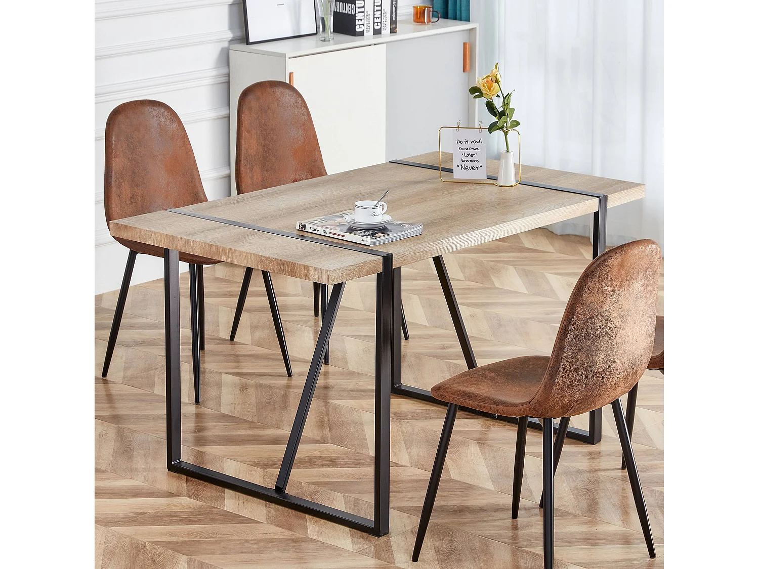 Table à manger-138×76×76 cm, moderne, pour 4-6 personnes, pieds en métal, Brun