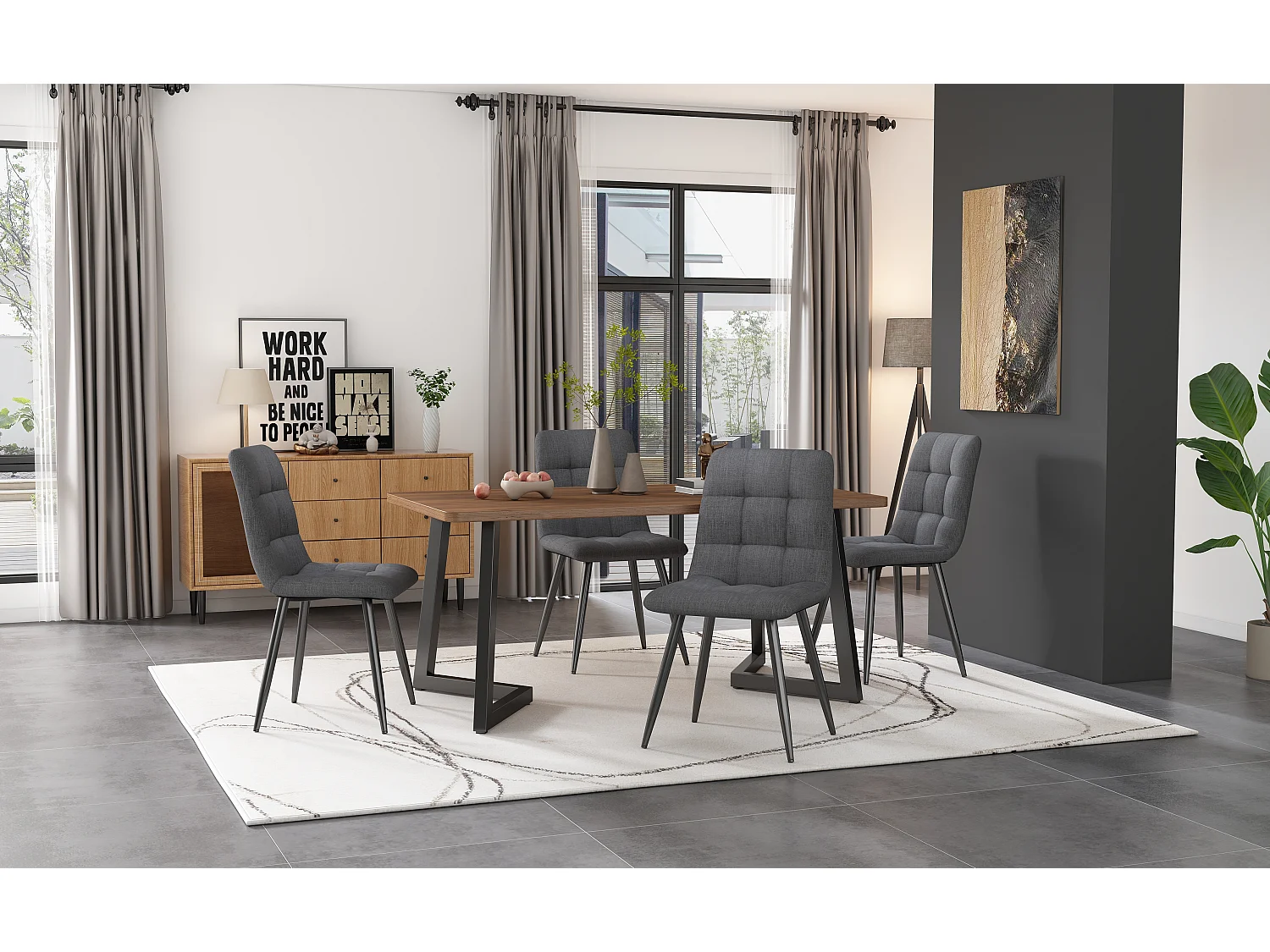 Table à manger-117 x 68×75 cm, table rectangulaire en bois avec pieds en métal, noir/noyer