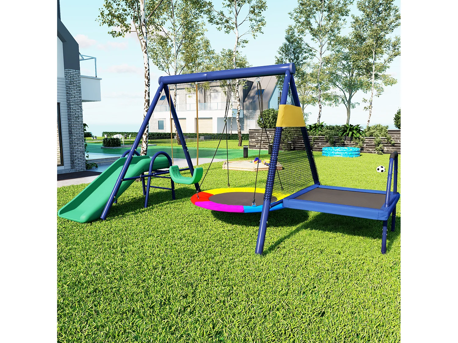 Ensemble balançoires enfants balançoires d'extérieur multifonctions - 335 x 198 x 183 - en matérie acier - avec toboggan-bleu