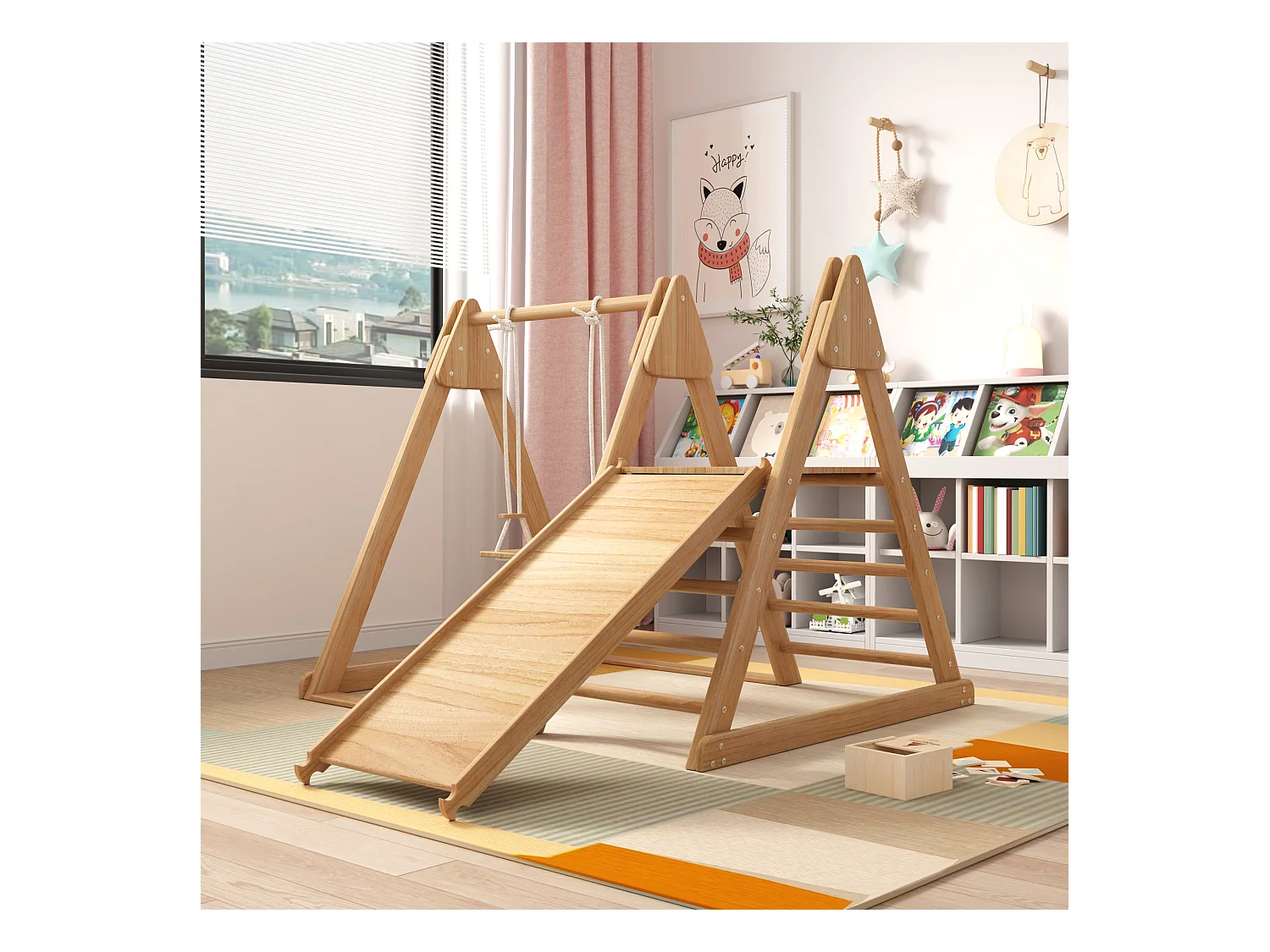 Kinderglijbaan en schommel - 123 x 48 x 18 cm - Houten materiaal - 3 in 1 met klimrek - Natuurlijk