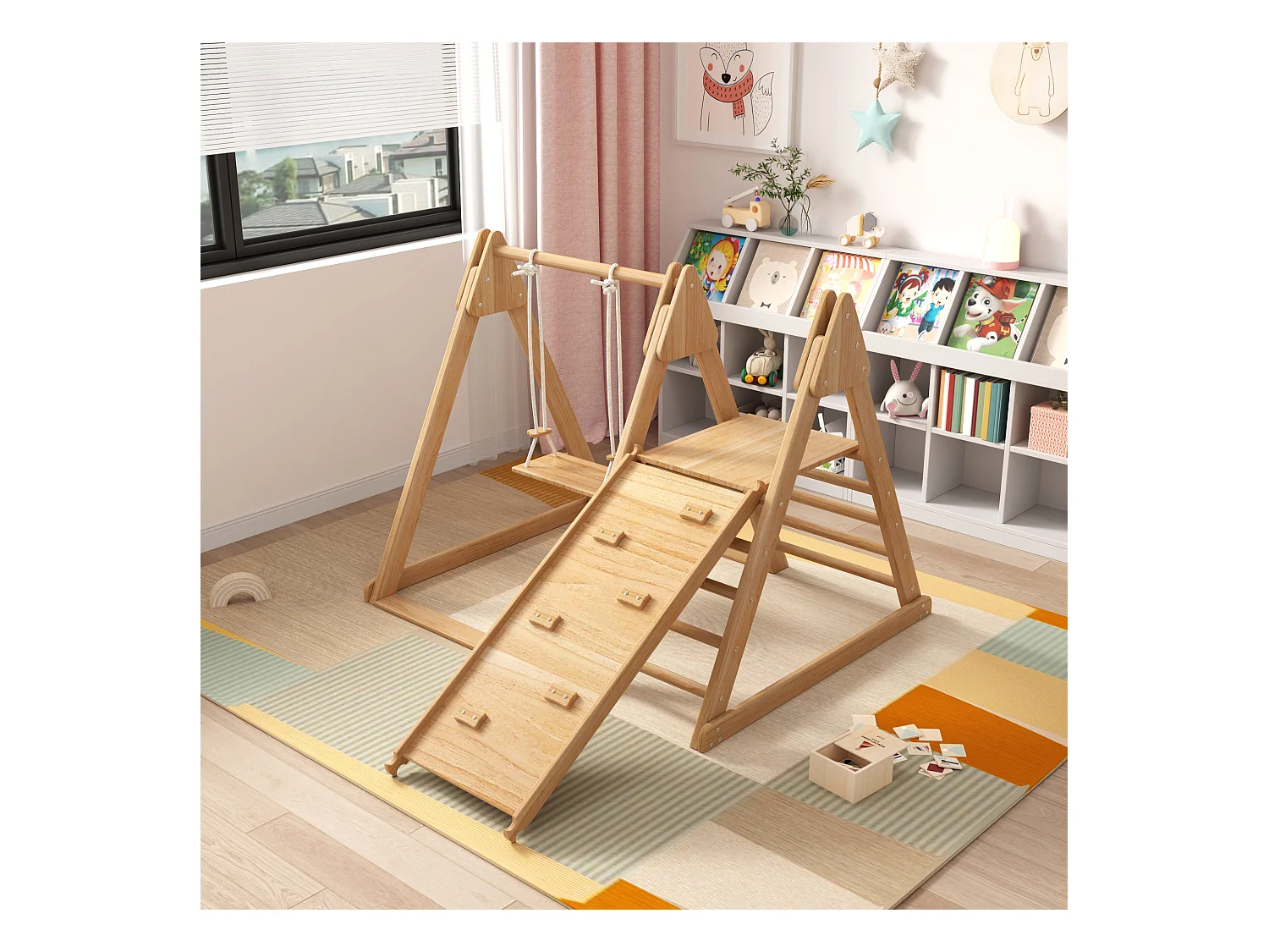 Kinderglijbaan en schommel - 123 x 48 x 18 cm - Houten materiaal - 3 in 1 met klimrek - Natuurlijk