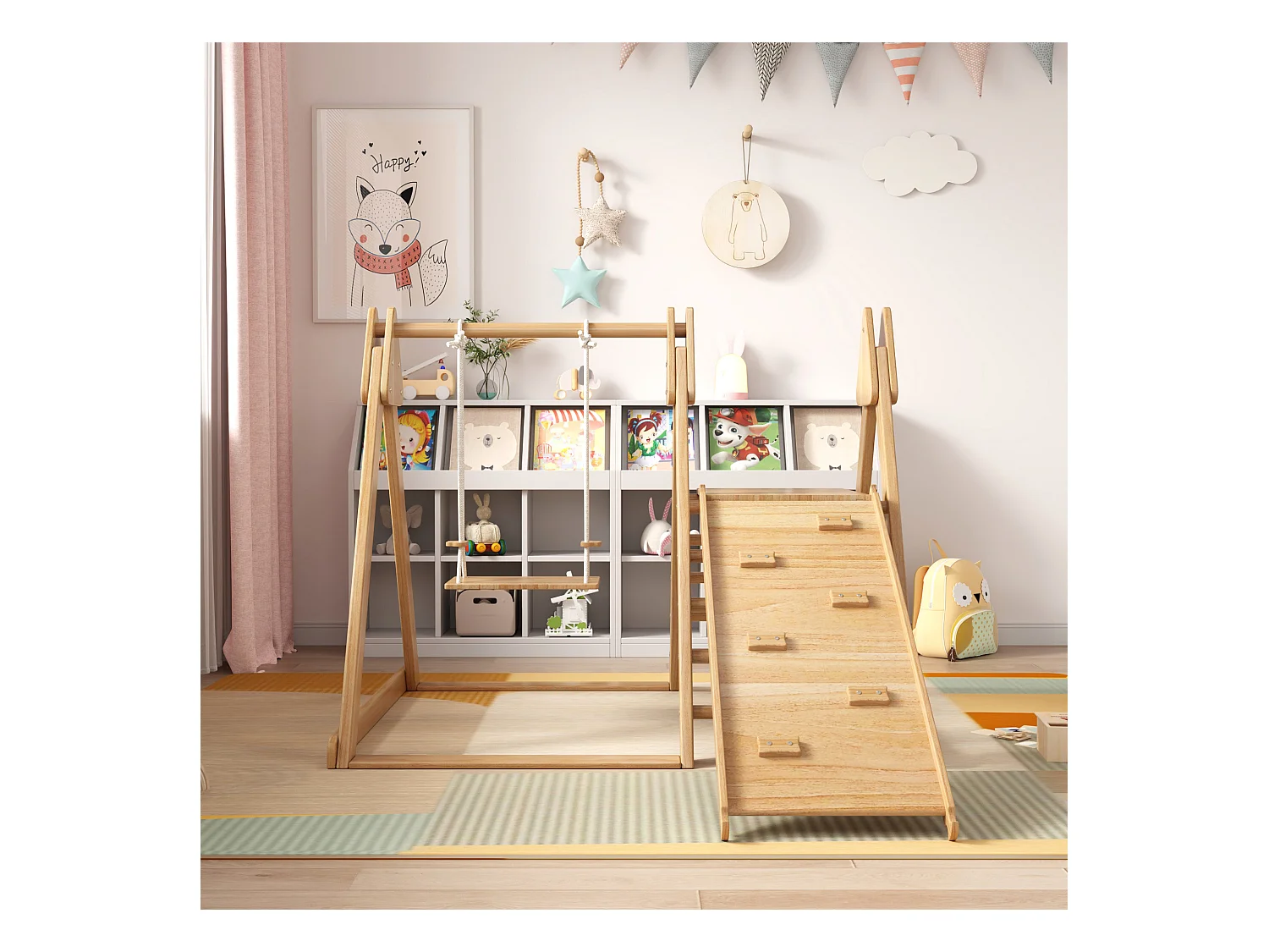 Kinderglijbaan en schommel - 123 x 48 x 18 cm - Houten materiaal - 3 in 1 met klimrek - Natuurlijk