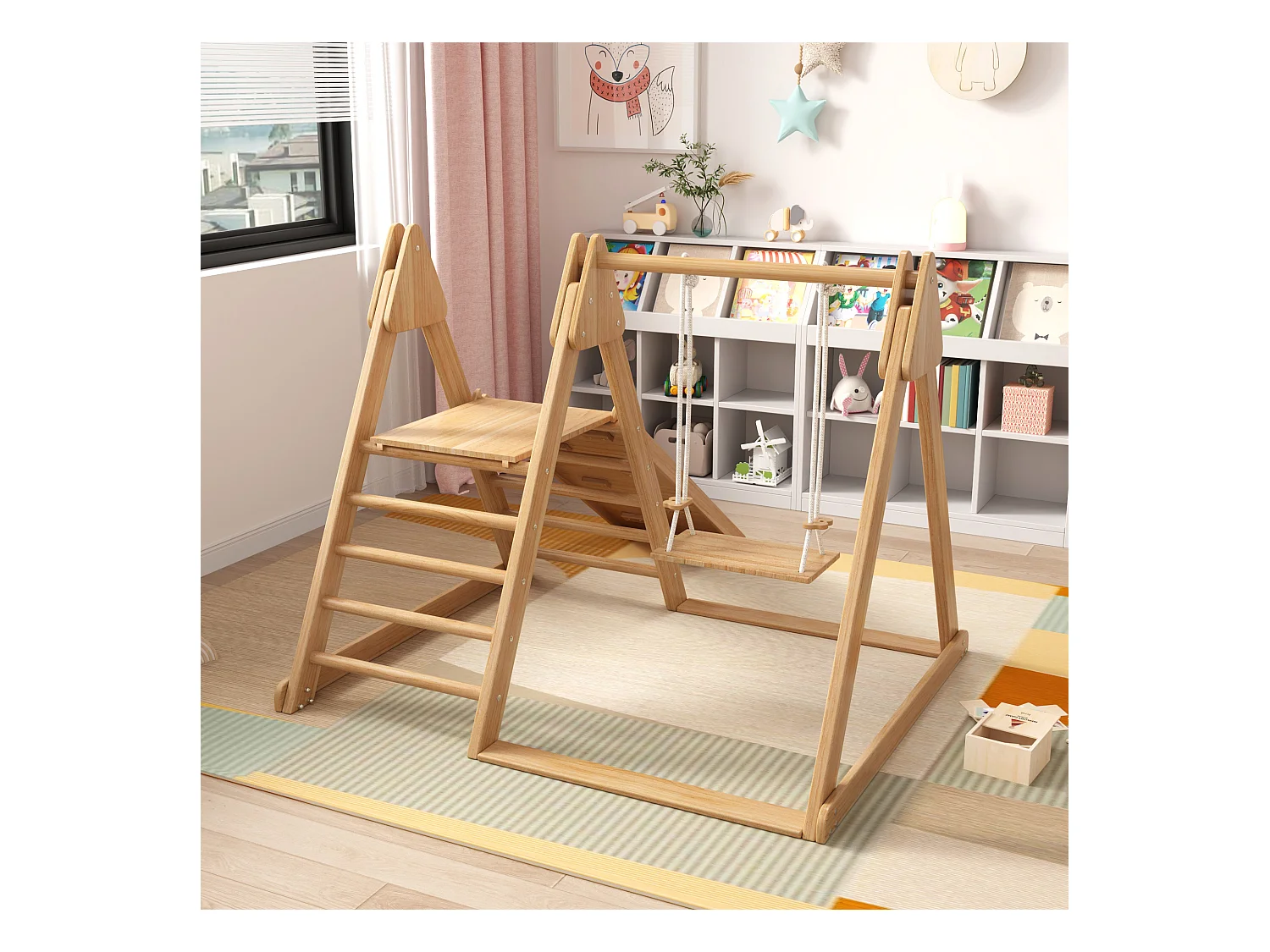 Kinderglijbaan en schommel - 123 x 48 x 18 cm - Houten materiaal - 3 in 1 met klimrek - Natuurlijk