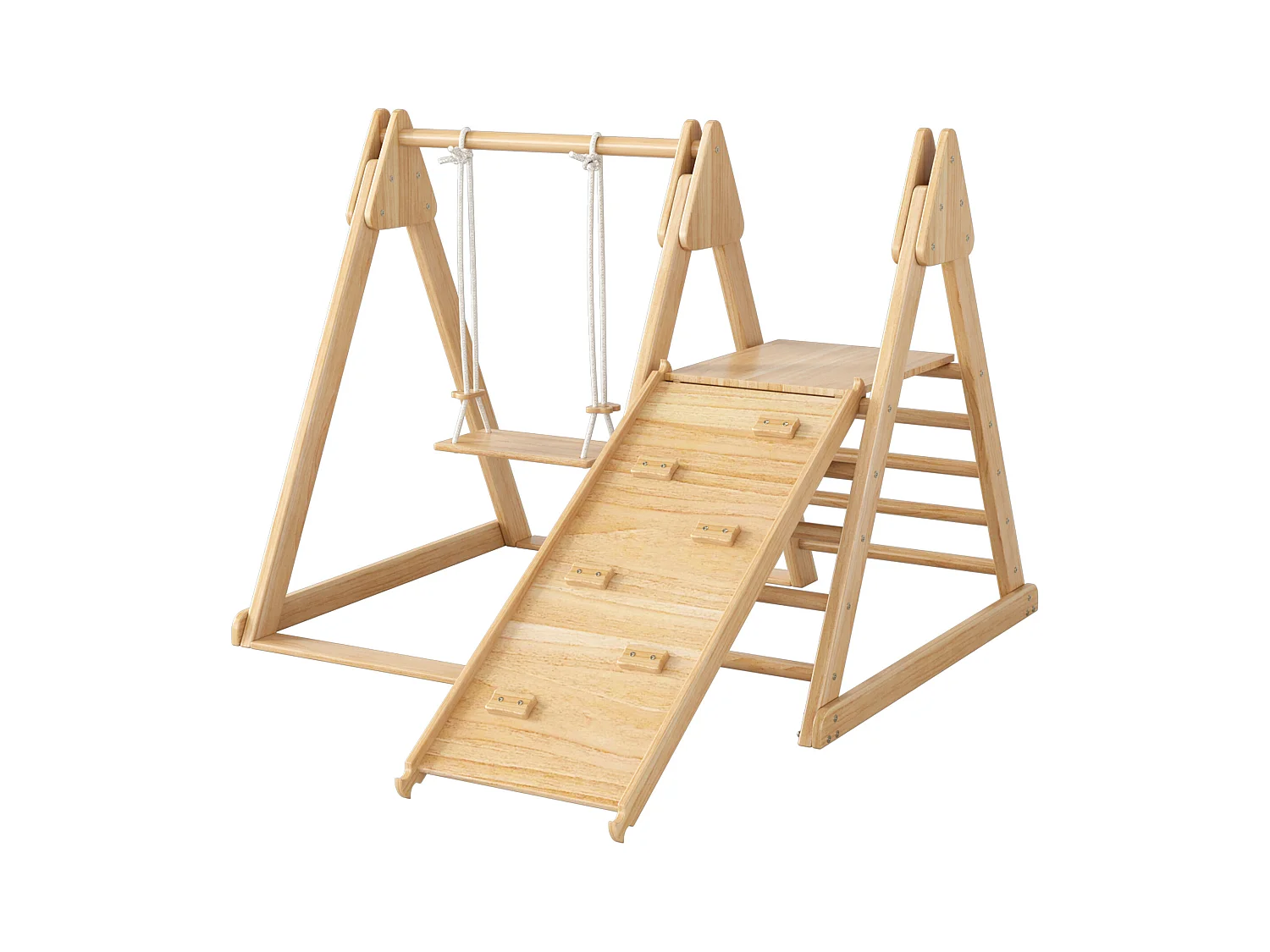 Tobogán y columpio para niños - 123 x 48 x 18 cm - Material de madera - 3 en 1 con estructura de escalada - Natural
