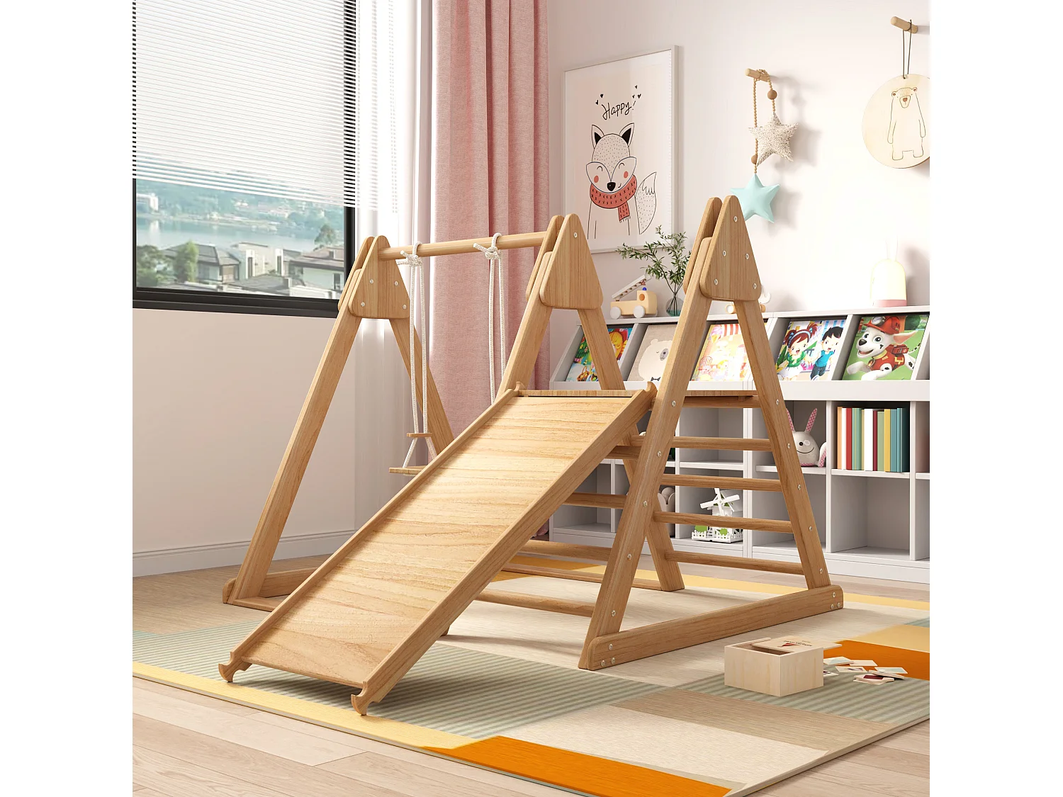 Scivolo e altalena per bambini - 123 x 48 x 18 cm - Materiale in legno - 3 in 1 con struttura per arrampicata - Naturale