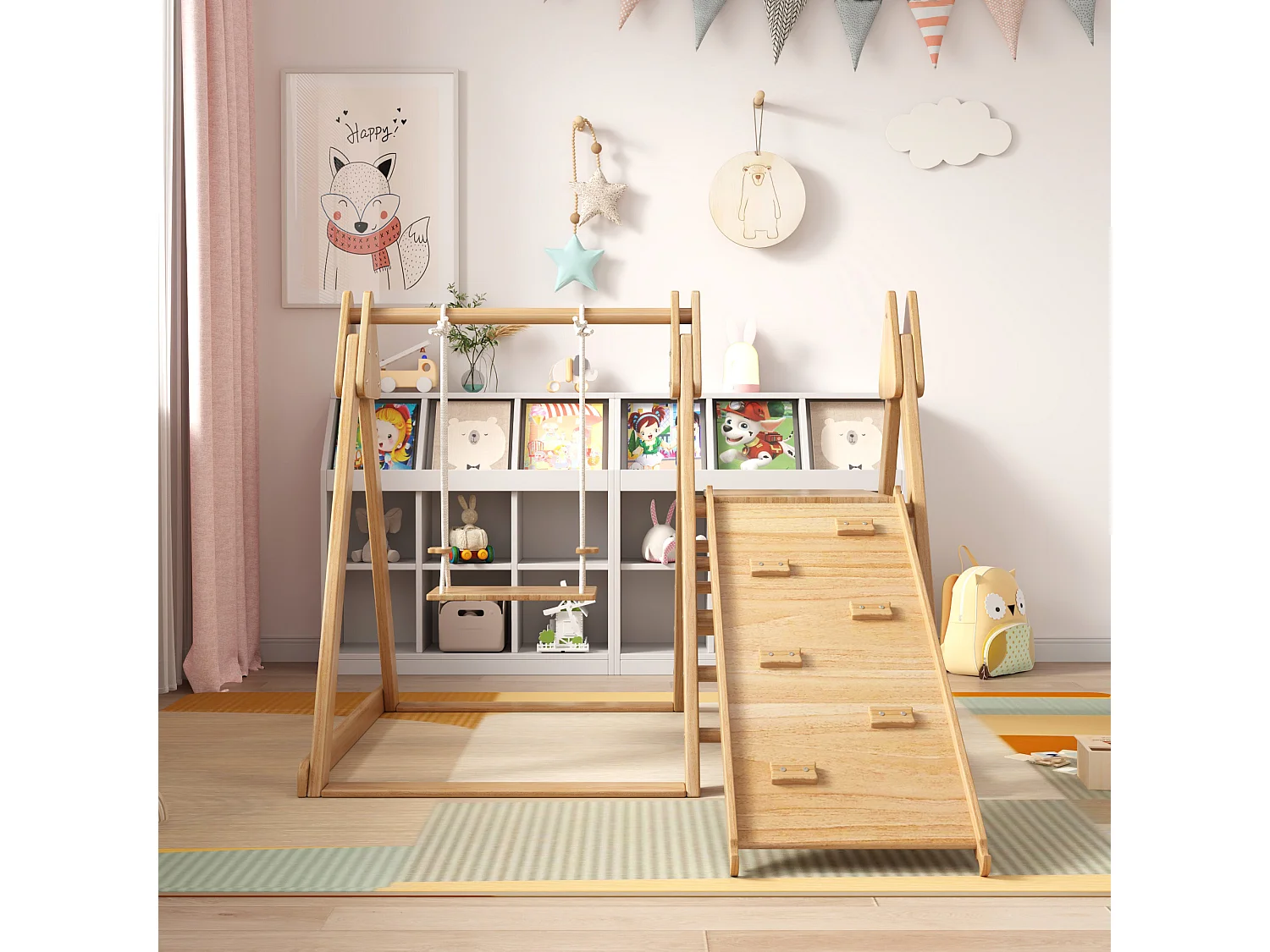 Scivolo e altalena per bambini - 123 x 48 x 18 cm - Materiale in legno - 3 in 1 con struttura per arrampicata - Naturale