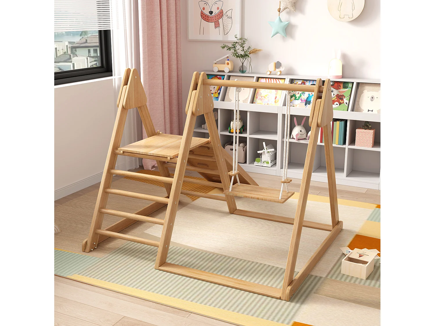 Scivolo e altalena per bambini - 123 x 48 x 18 cm - Materiale in legno - 3 in 1 con struttura per arrampicata - Naturale