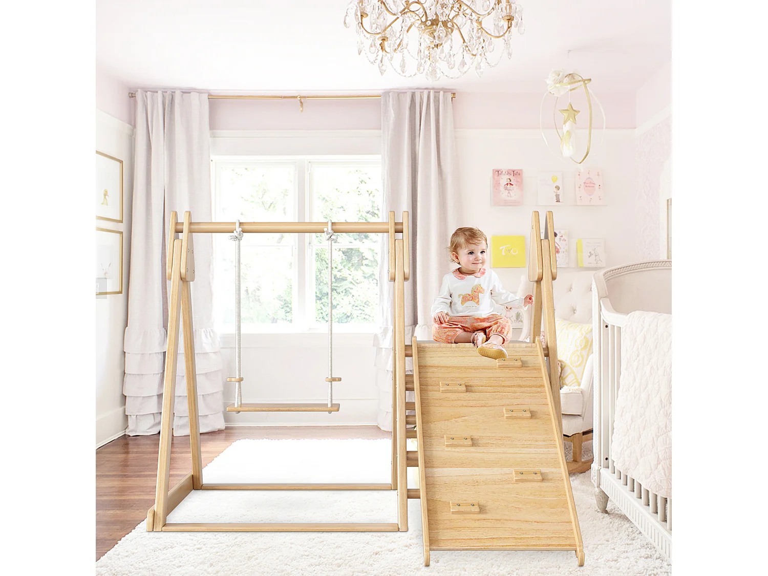 Scivolo e altalena per bambini - 123 x 48 x 18 cm - Materiale in legno - 3 in 1 con struttura per arrampicata - Naturale