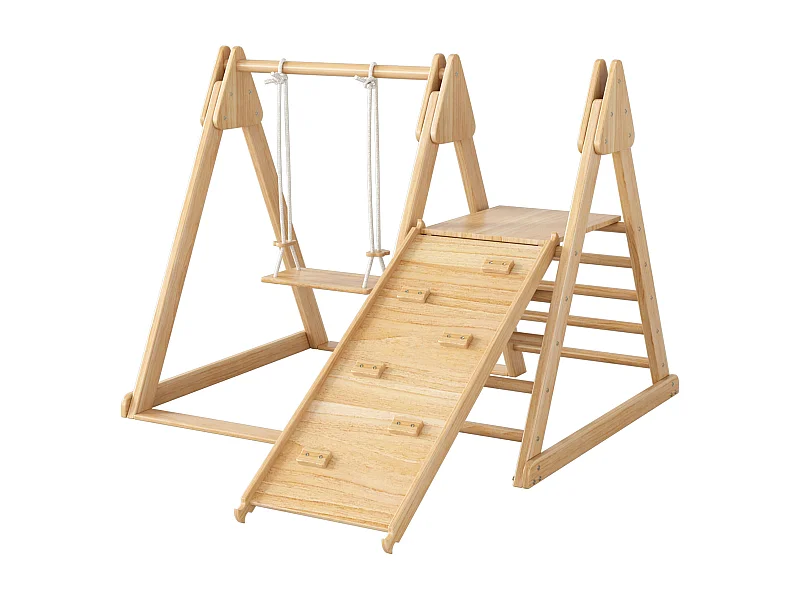 Scivolo e altalena per bambini - 123 x 48 x 18 cm - Materiale in legno - 3 in 1 con struttura per arrampicata - Naturale