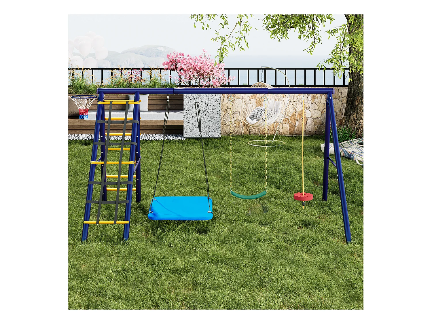 Zestaw huśtawek dla dzieci, wielofunkcyjne huśtawki zewnętrzne - 310 x 174 x 203 cm - ze stali - z ramą do wspinania - niebieski