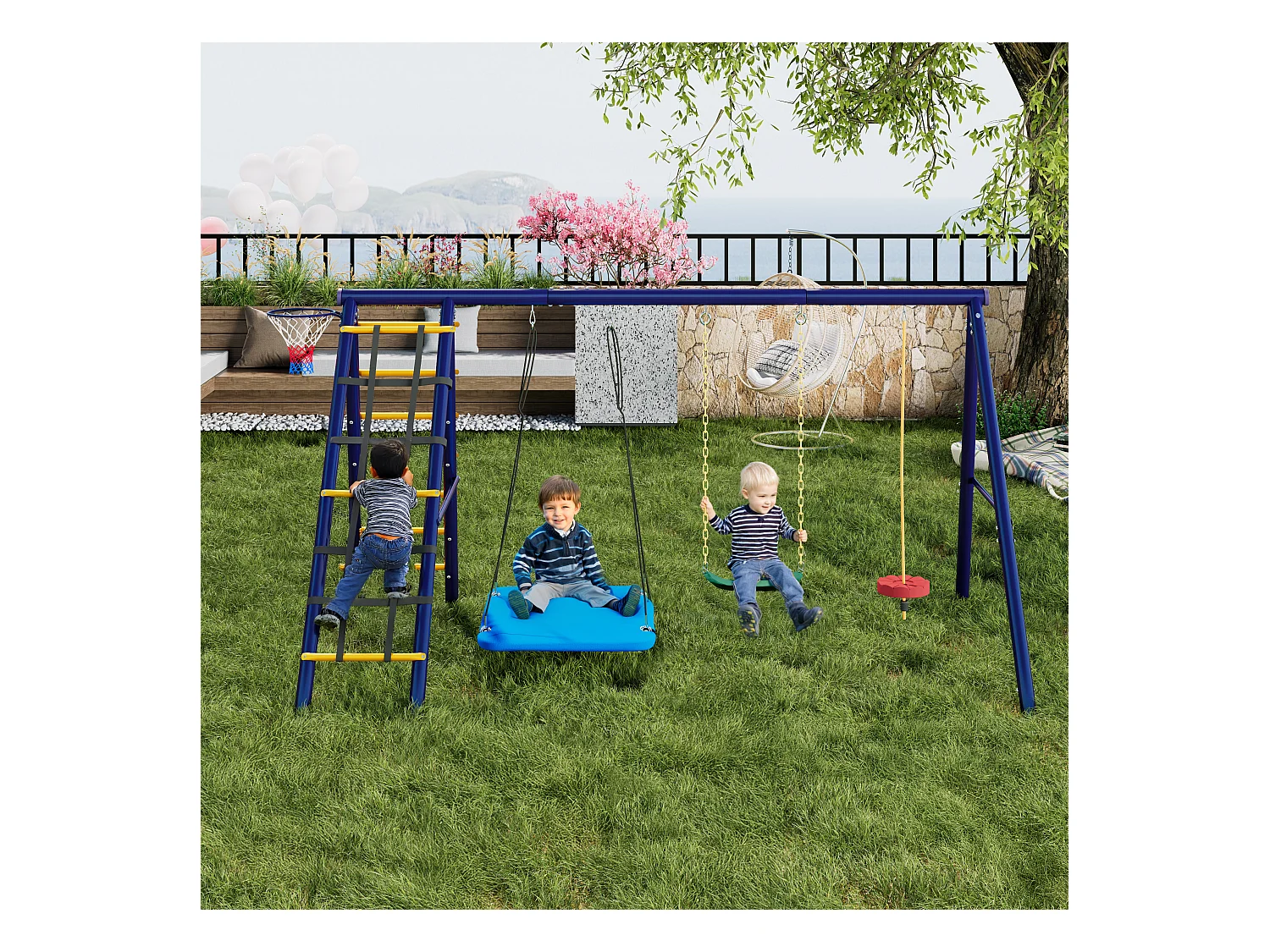 Zestaw huśtawek dla dzieci, wielofunkcyjne huśtawki zewnętrzne - 310 x 174 x 203 cm - ze stali - z ramą do wspinania - niebieski