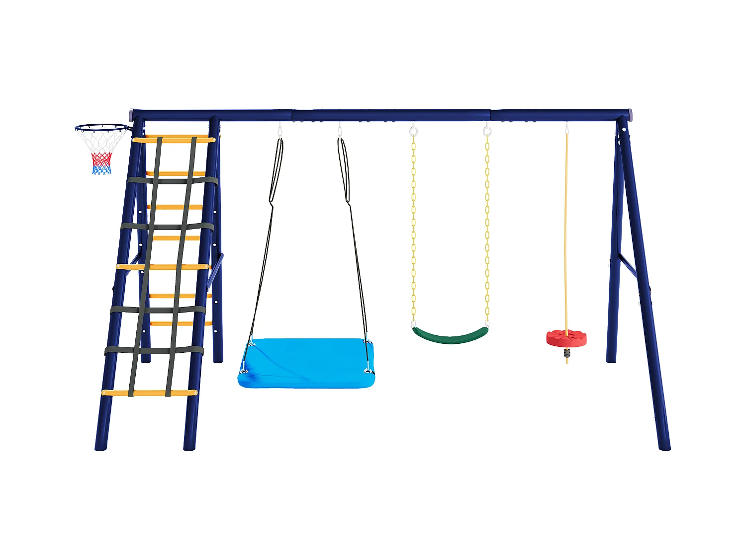 Zestaw huśtawek dla dzieci, wielofunkcyjne huśtawki zewnętrzne - 310 x 174 x 203 cm - ze stali - z ramą do wspinania - niebieski