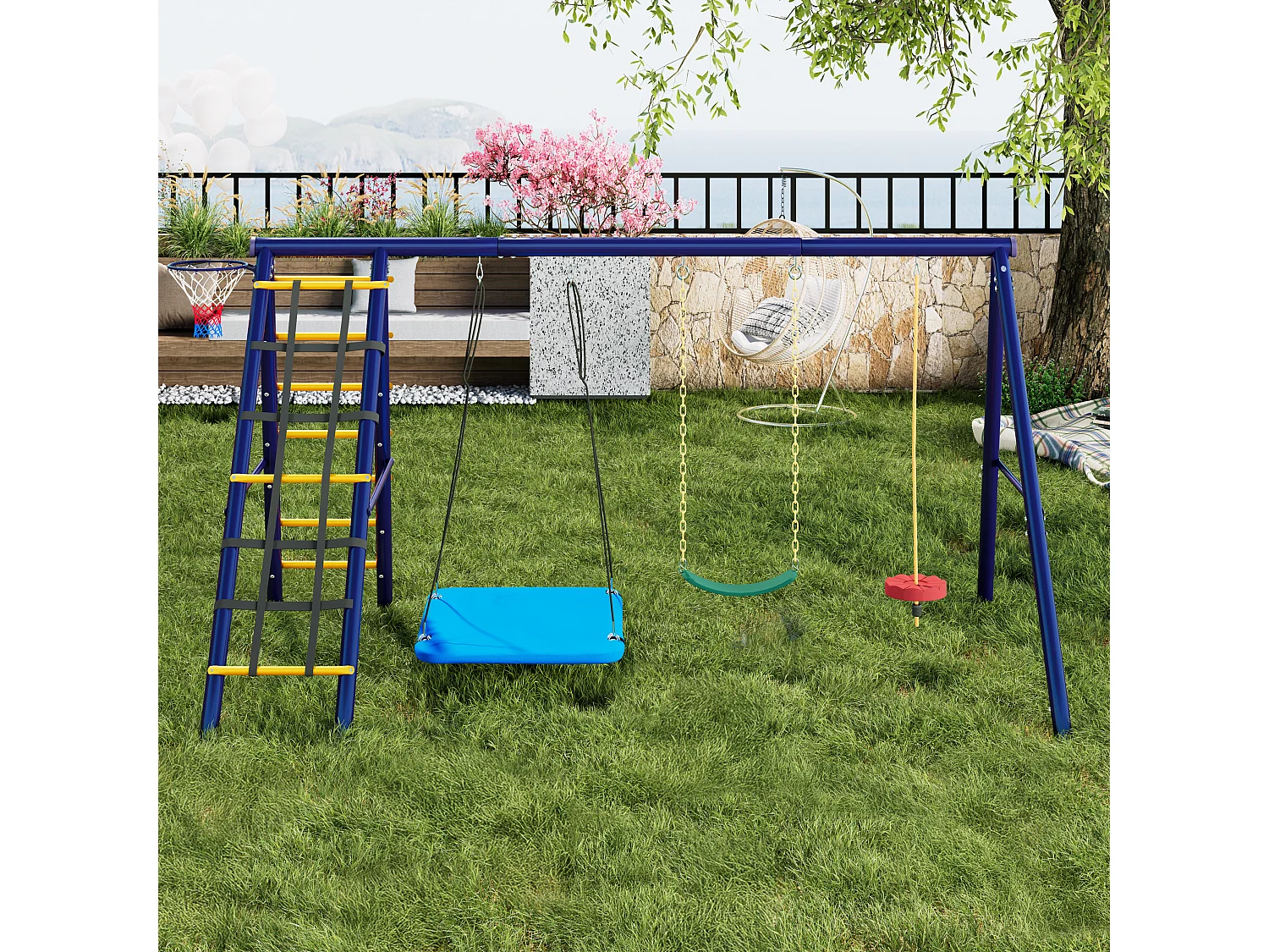 Ensemble balançoires enfants balançoires d'extérieur multifonctions - 310 x 174 x 203 - en matérie acier - avec escalade-bleu