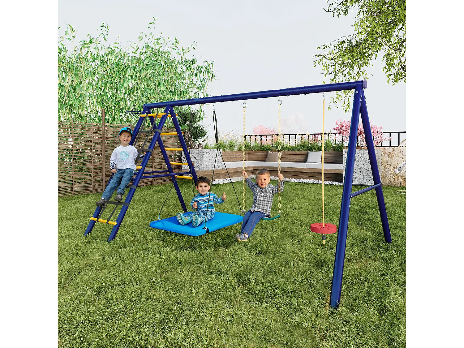 Ensemble balançoires enfants balançoires d'extérieur multifonctions - 310 x 174 x 203 - en matérie acier - avec escalade-bleu