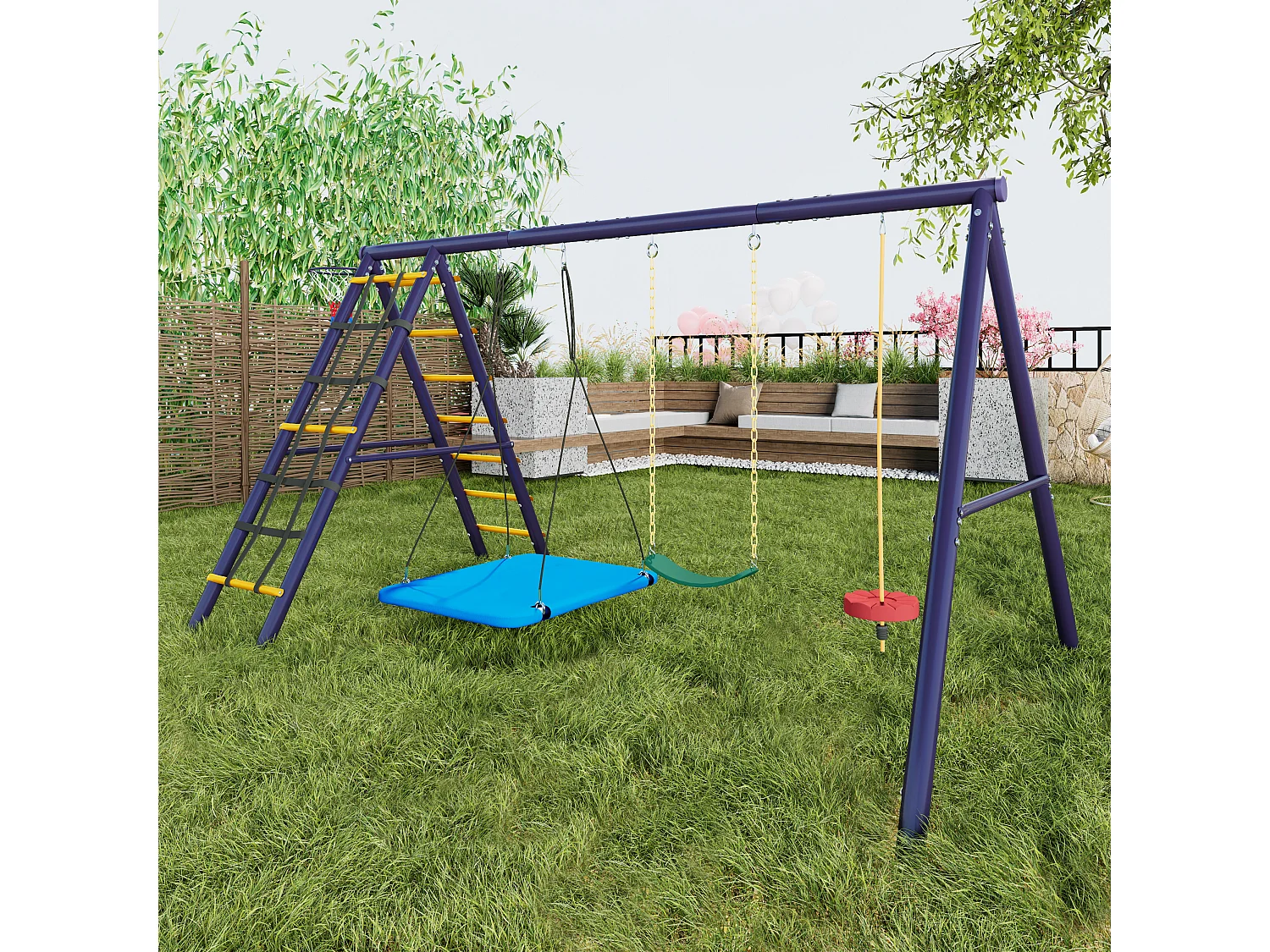 Ensemble balançoires enfants balançoires d'extérieur multifonctions - 310 x 174 x 203 - en matérie acier - avec escalade-bleu