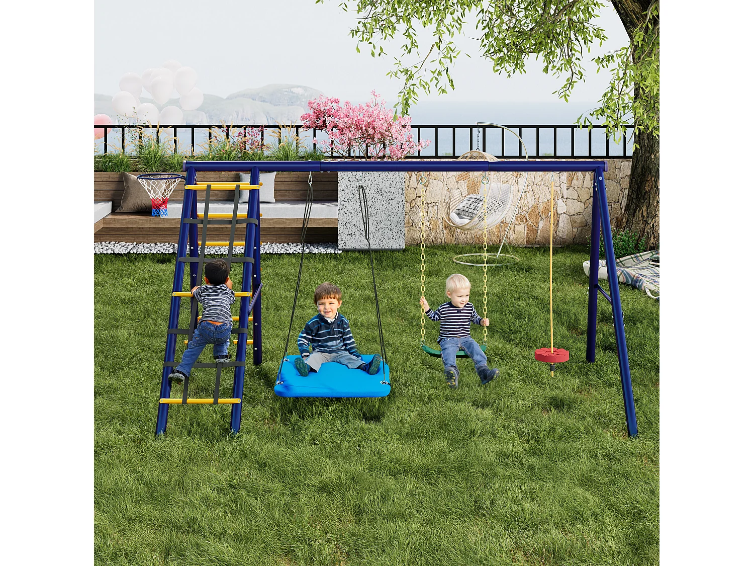 Ensemble balançoires enfants balançoires d'extérieur multifonctions - 310 x 174 x 203 - en matérie acier - avec escalade-bleu