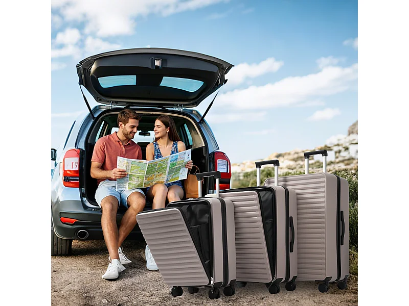 3-delige handbagageset 20&24&28 inch – ontwerp met opening aan de voorkant – ABS-materiaal – TSA-slot – 360° rol – bruin