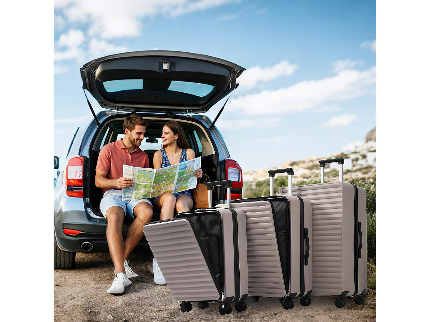 3-delige handbagageset 20&24&28 inch – ontwerp met opening aan de voorkant – ABS-materiaal – TSA-slot – 360° rol – bruin