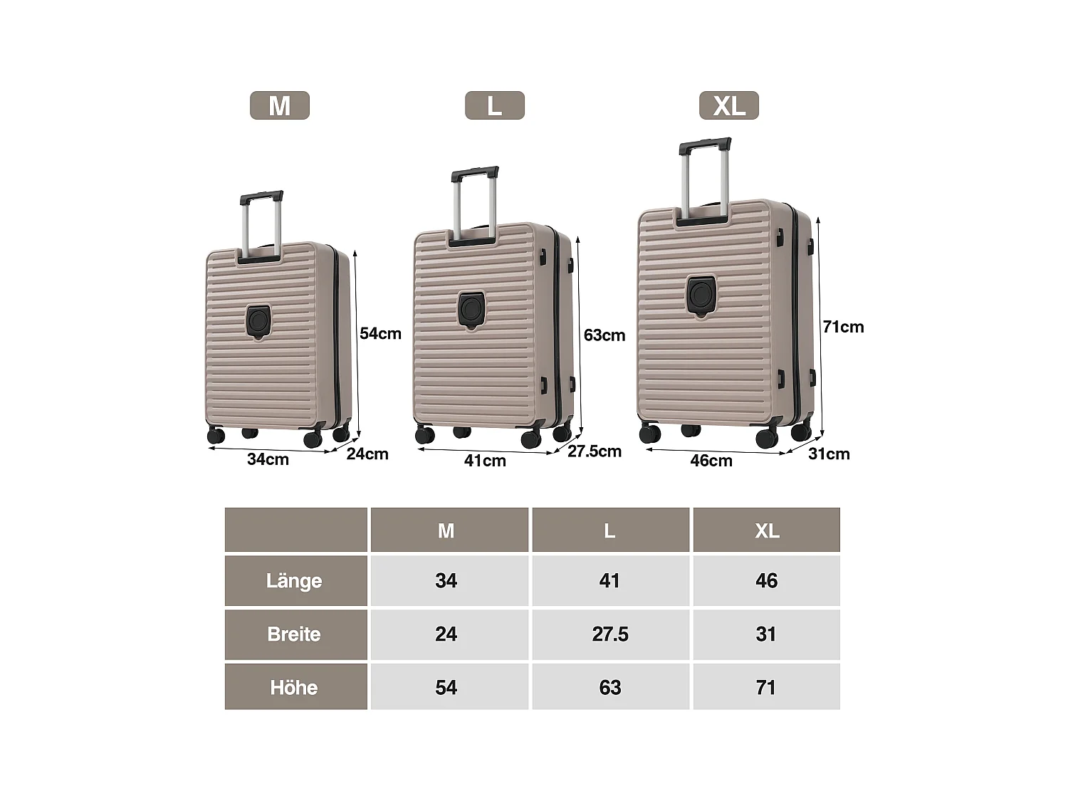 3-delige handbagageset 20&24&28 inch – ontwerp met opening aan de voorkant – ABS-materiaal – TSA-slot – 360° rol – bruin