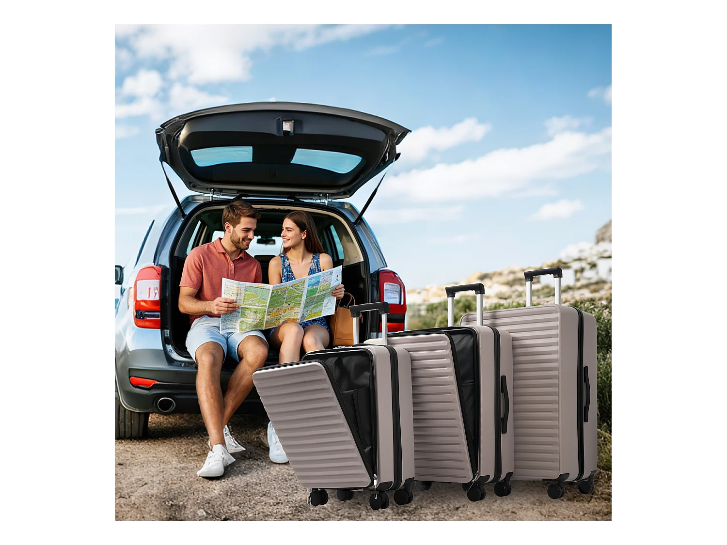 Bagage à main de 3 pièces 20&24&28 pouces– Front-Öffnungs-Design - ABS-Material - Serrure TSA - 360°Rollen-brun