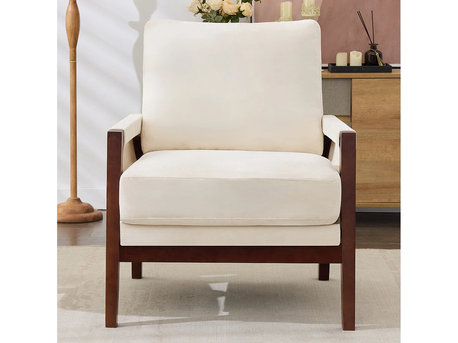 Fauteuil simple avec rembourré, chaise lounge pour lecture, structure en bois massif, tissu velours Beige