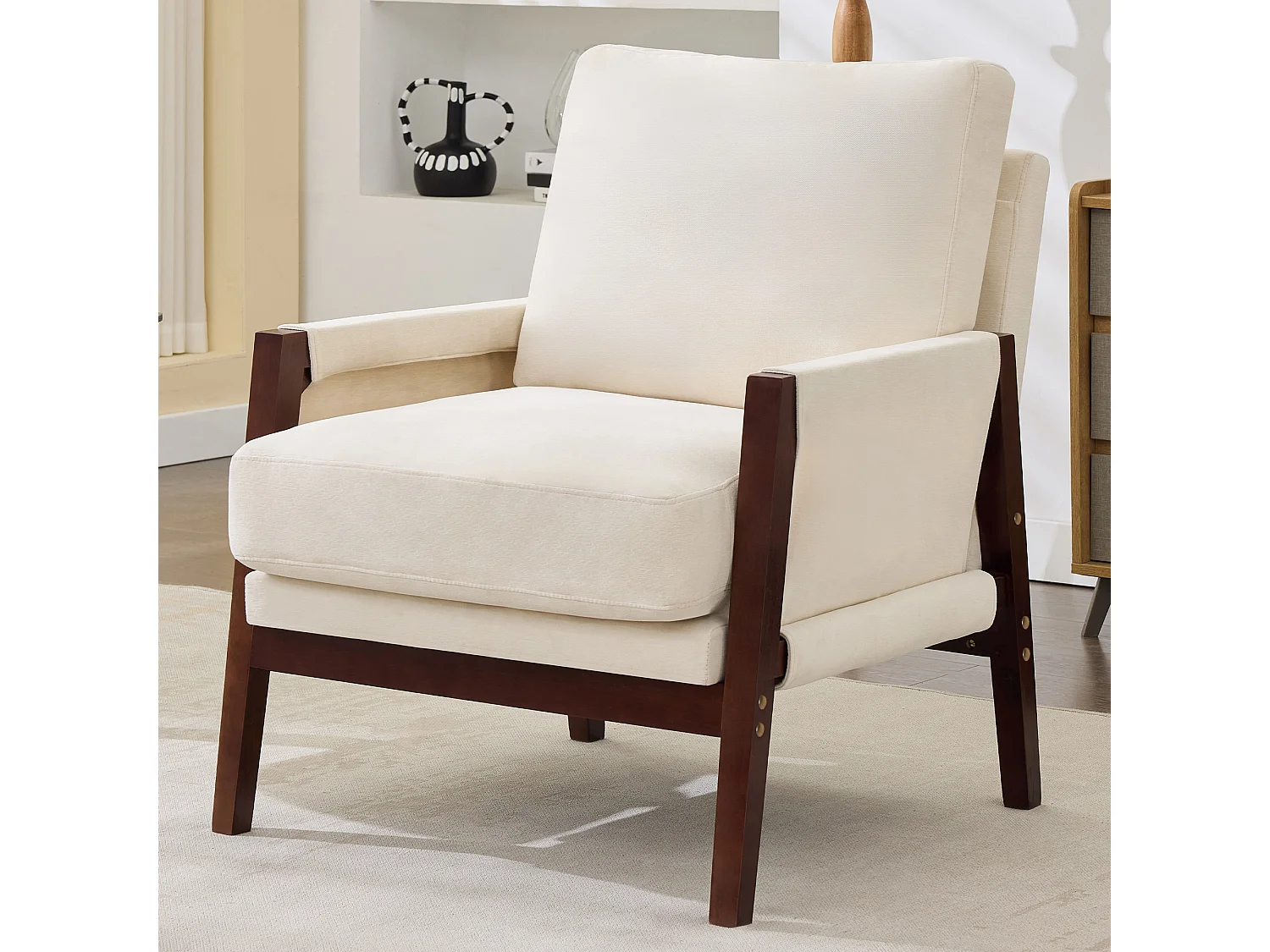 Fauteuil simple avec rembourré, chaise lounge pour lecture, structure en bois massif, tissu velours Beige
