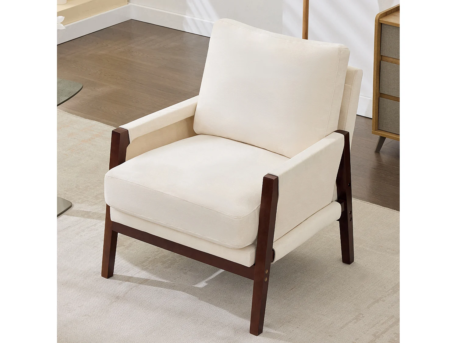 Fauteuil simple avec rembourré, chaise lounge pour lecture, structure en bois massif, tissu velours Beige