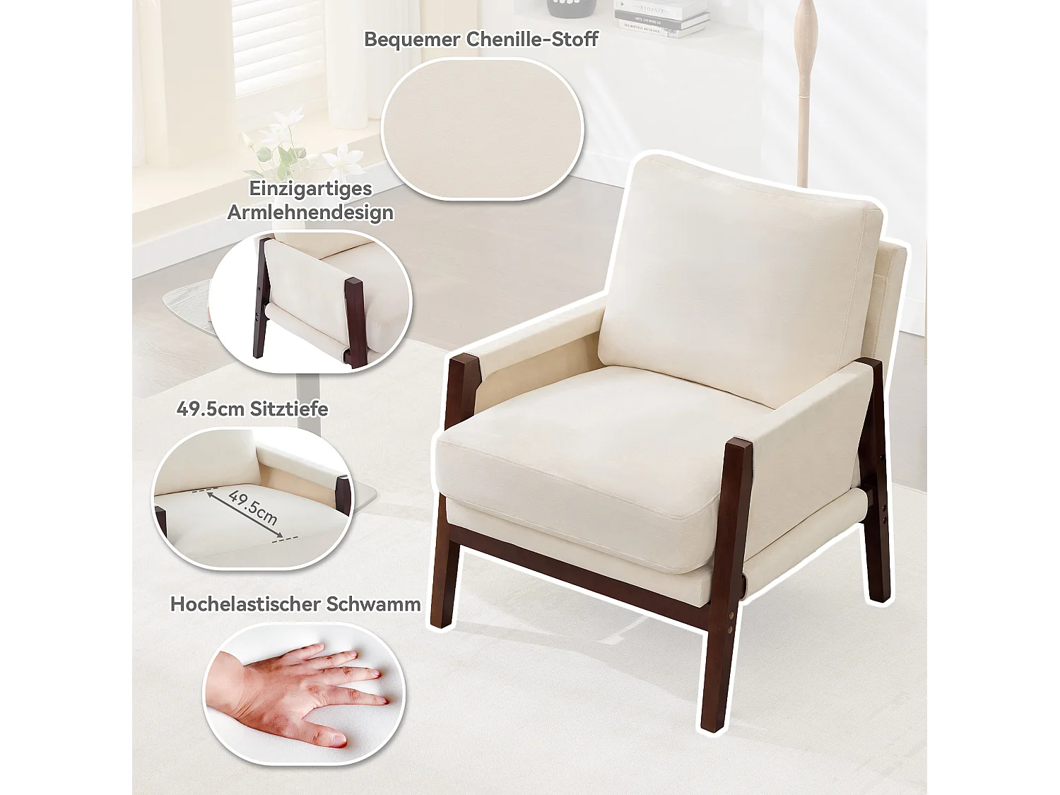 Fauteuil simple avec rembourré, chaise lounge pour lecture, structure en bois massif, tissu velours Beige