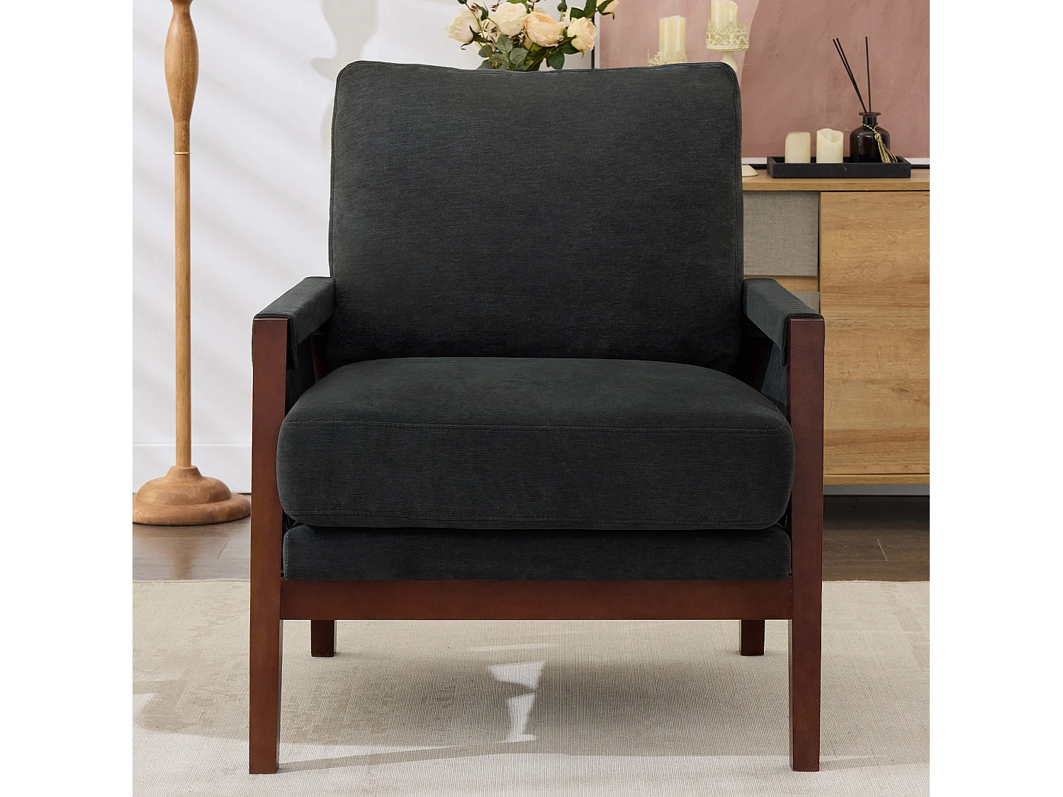 Pojedynczy fotel tapicerowany, leżak do czytania, rama z litego drewna, ciemnoszara tkanina aksamitna