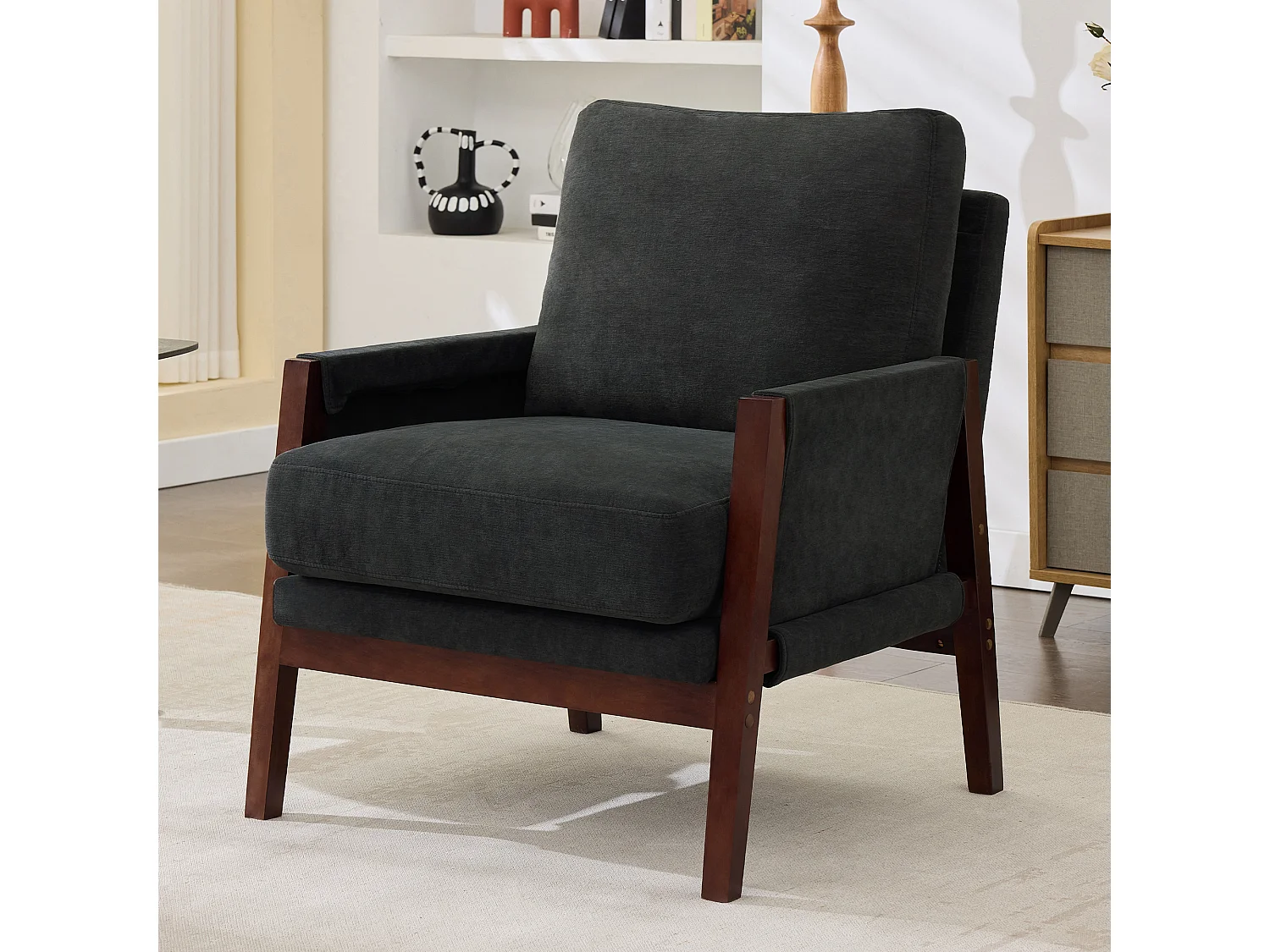 Pojedynczy fotel tapicerowany, leżak do czytania, rama z litego drewna, ciemnoszara tkanina aksamitna