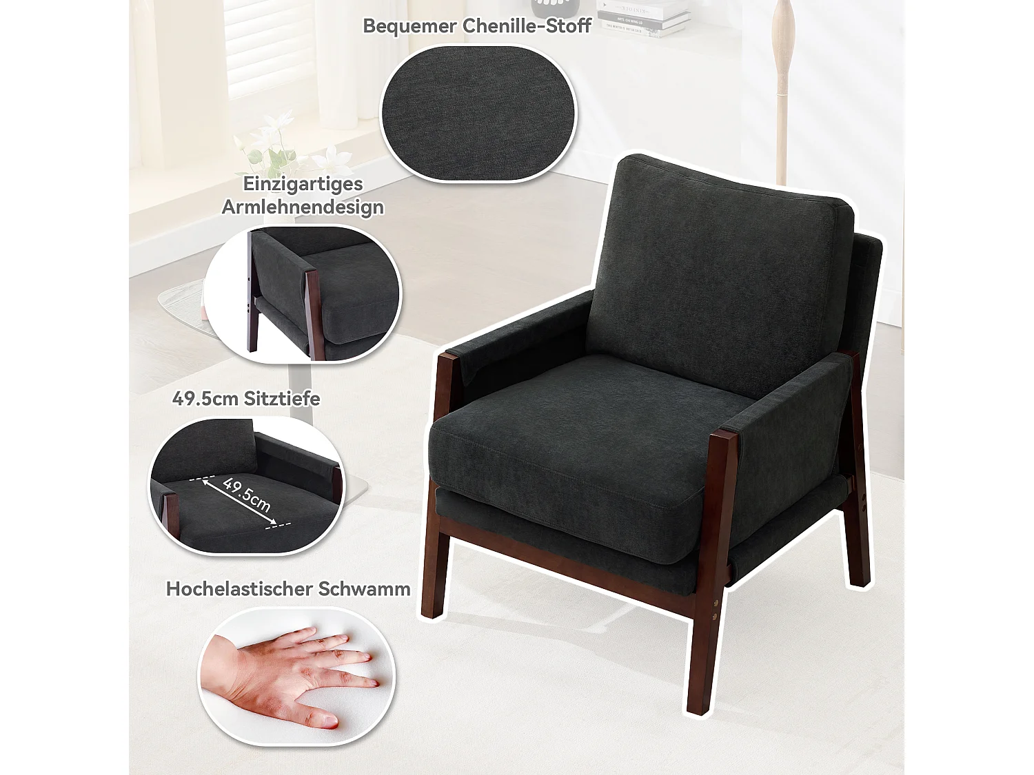 Pojedynczy fotel tapicerowany, leżak do czytania, rama z litego drewna, ciemnoszara tkanina aksamitna