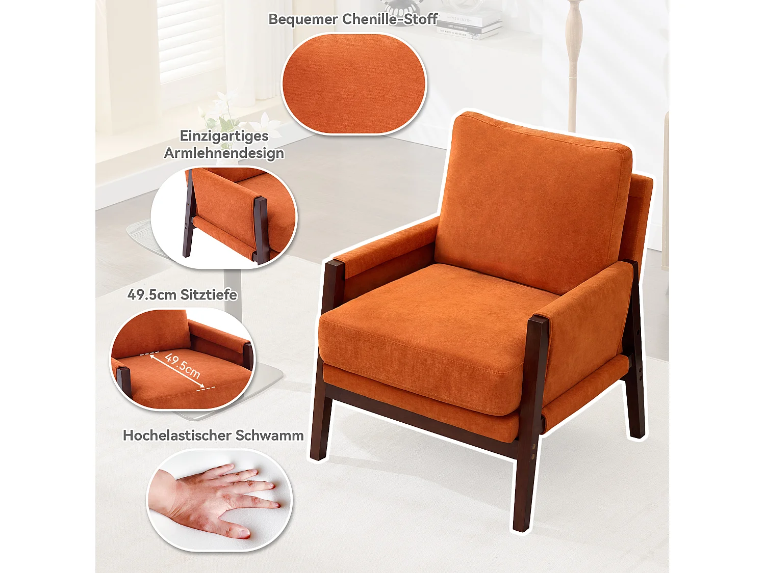 Sillón individual tapizado, sillón de lectura, estructura de madera maciza, tela de terciopelo naranja.