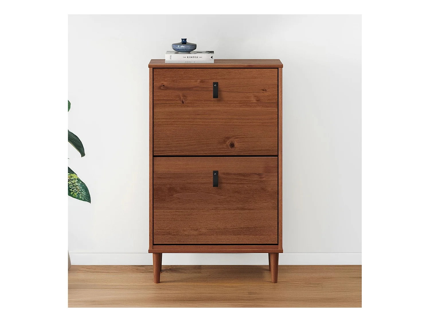 Meuble à chaussures entrée Mikka 2 abattants en bois massif coloris châtaignier pour jusqu'à 10 paires 59 x 96 x 25 cm