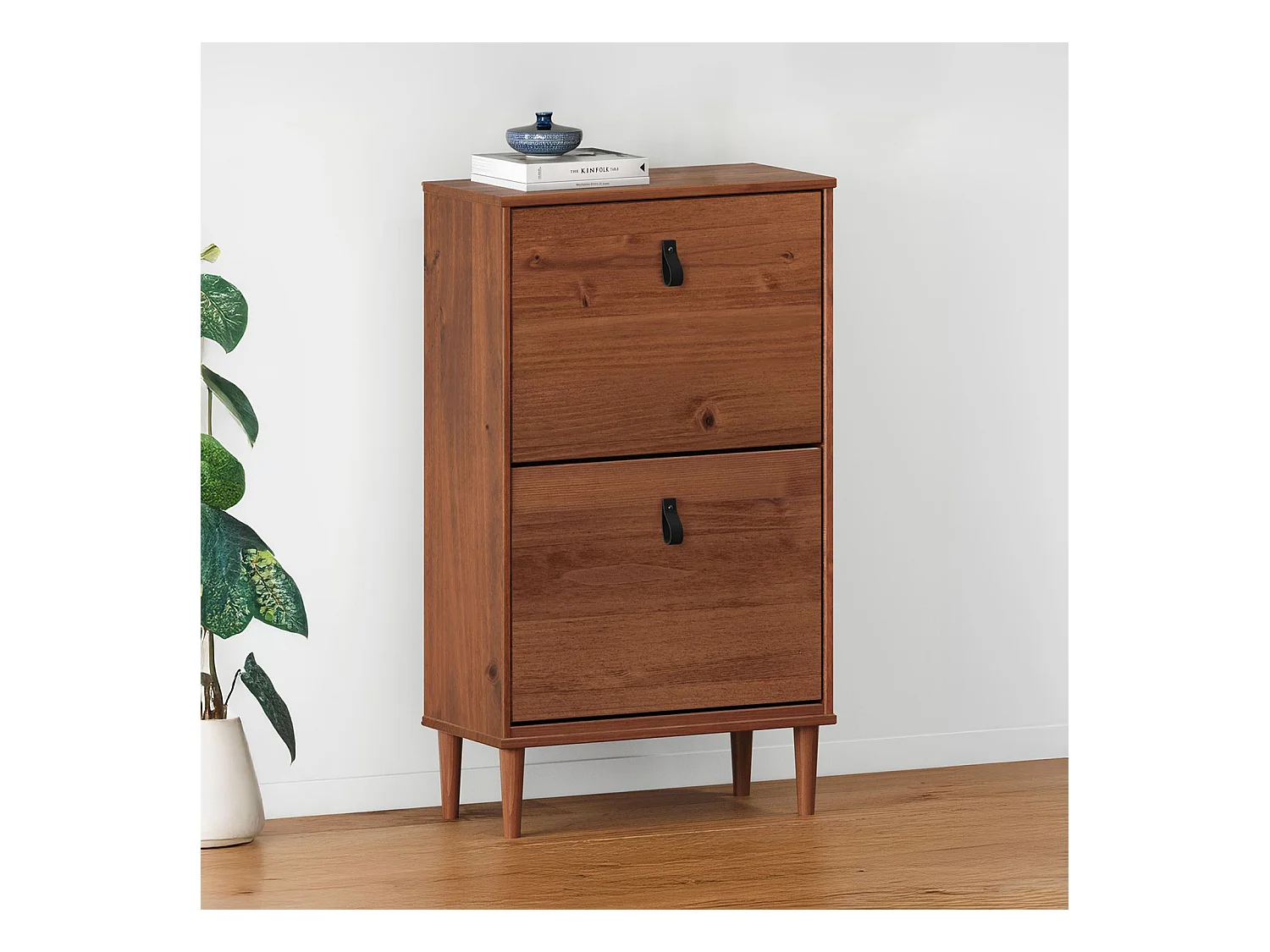 Meuble à chaussures entrée Mikka 2 abattants en bois massif coloris châtaignier pour jusqu'à 10 paires 59 x 96 x 25 cm