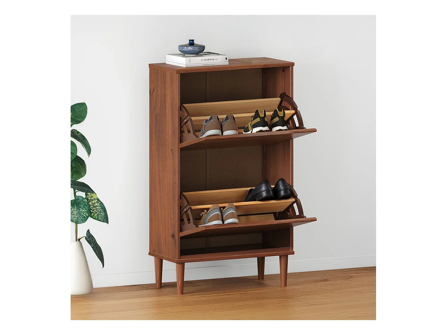 Meuble à chaussures entrée Mikka 2 abattants en bois massif coloris châtaignier pour jusqu'à 10 paires 59 x 96 x 25 cm