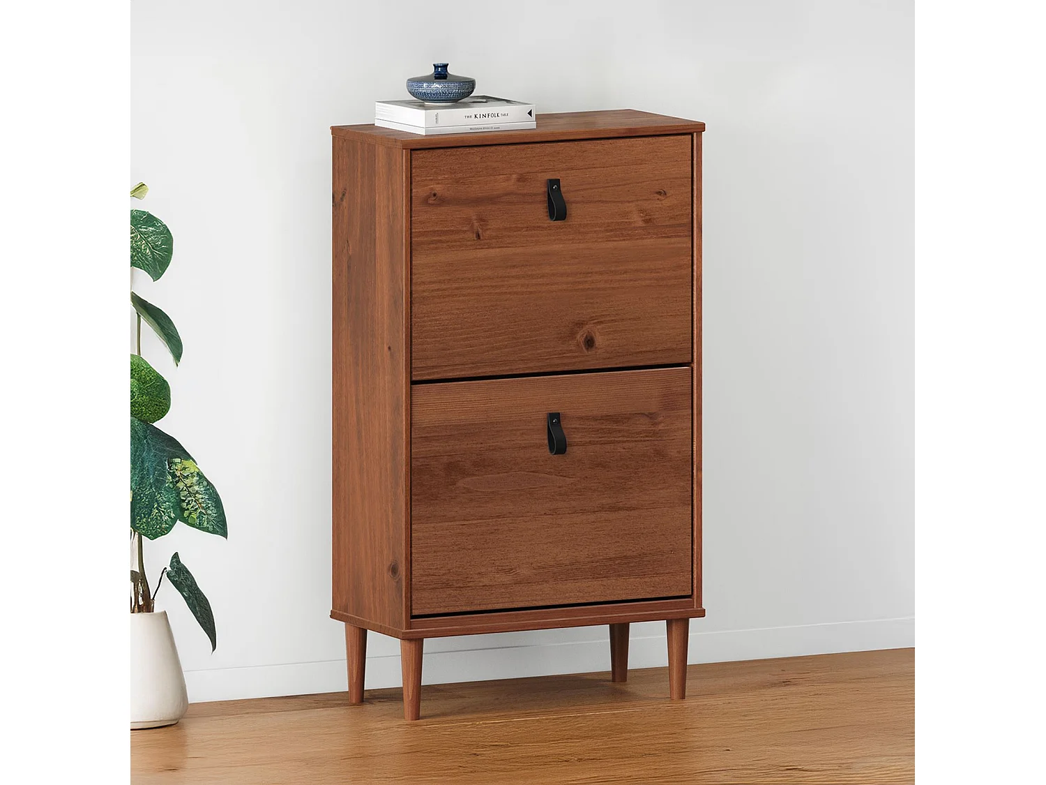 Meuble à chaussures entrée Mikka 2 abattants en bois massif coloris châtaignier pour jusqu'à 10 paires 59 x 96 x 25 cm