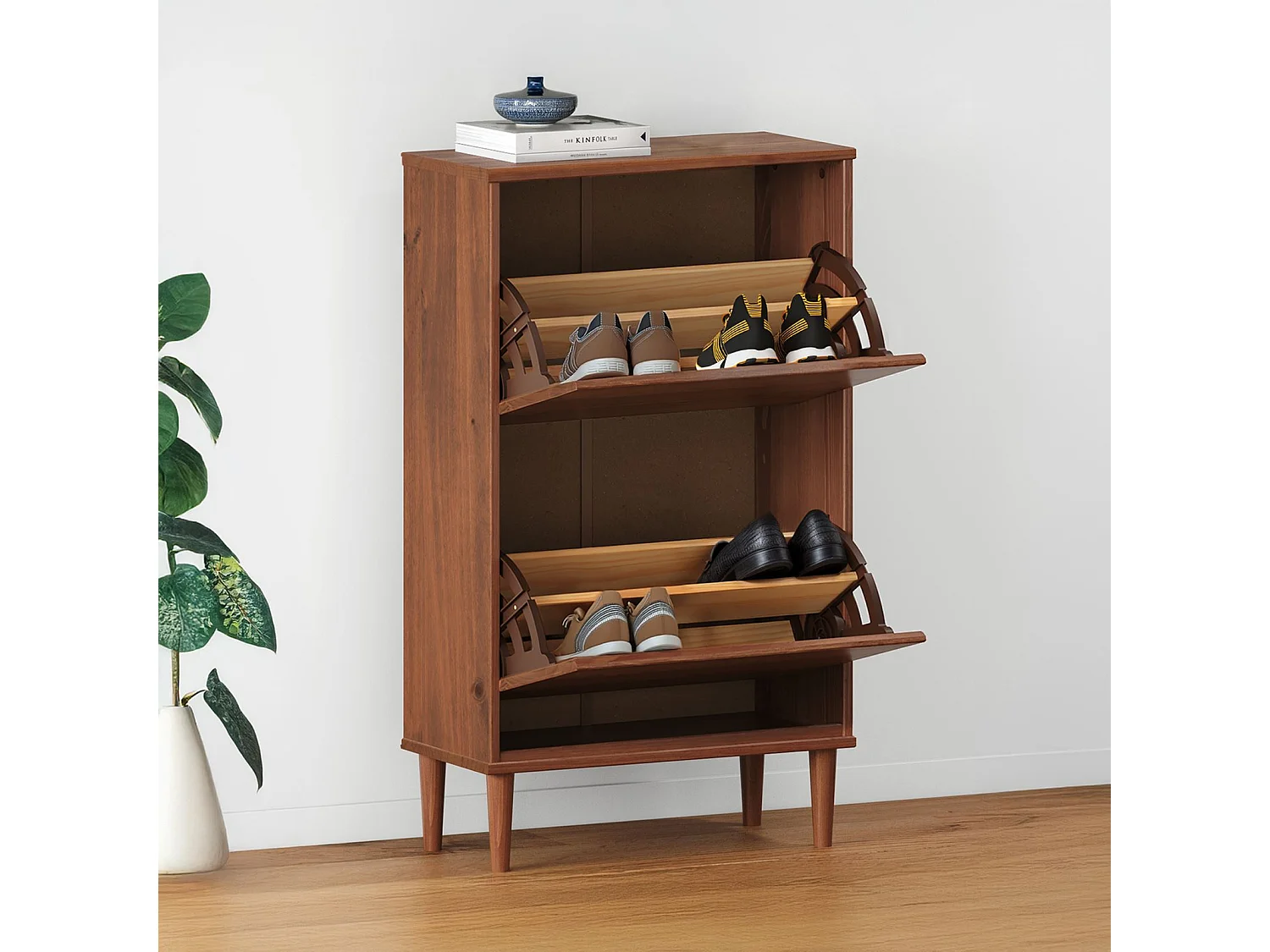 Meuble à chaussures entrée Mikka 2 abattants en bois massif coloris châtaignier pour jusqu'à 10 paires 59 x 96 x 25 cm